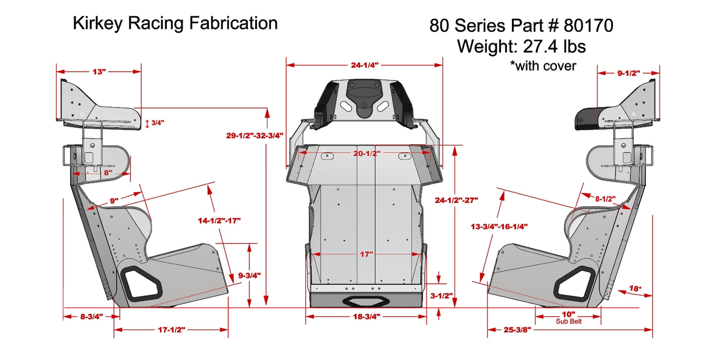 Kirkey Racing 80 Series Seat 16in, 17in. & 18.5in. Kit - Standard 20° Layback Containment Seat with Black Cover (Blemished)