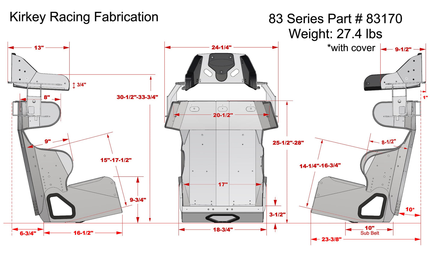 Kirkey Racing 83 Series  17in. Seat Kit - Standard 10° Layback Containment Seat with Black Cover (Blemished)